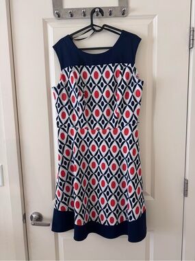 AGB Navy, White & Red Geometric Midi Dress